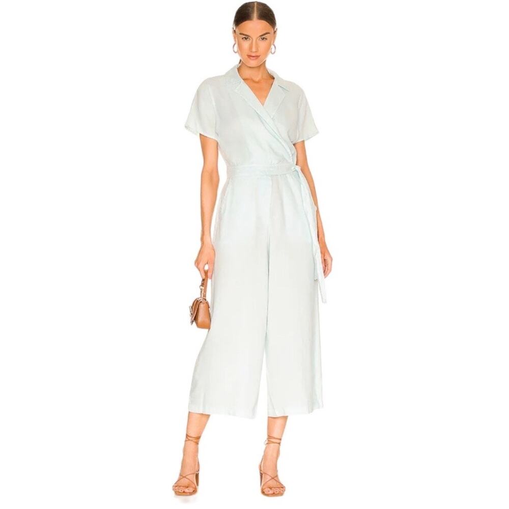 Bella Dahl Womens Crop Surplice Wrap Tie Waist Dove Gray Coastal Jumpsuit Sz L